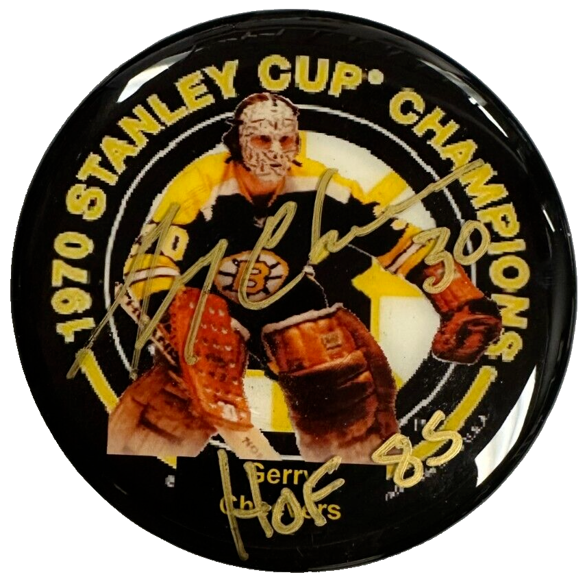 Gerry Cheevers Autographed Boston Bruins 1970 Stanley Cup Champs Photo Puck BAS