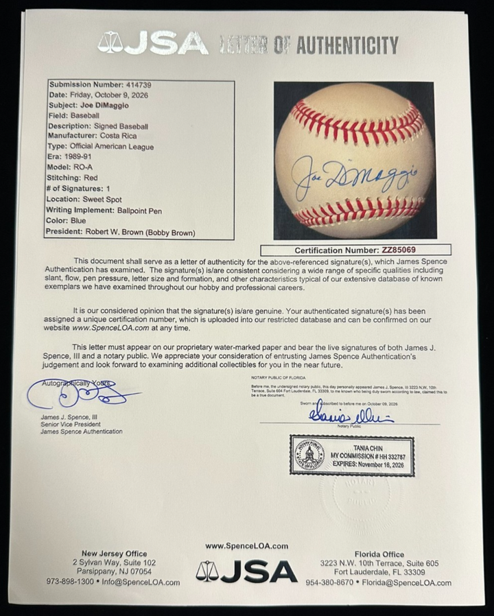 Joe DiMaggio Autographed Official American League Baseball JSA Yankees HOF