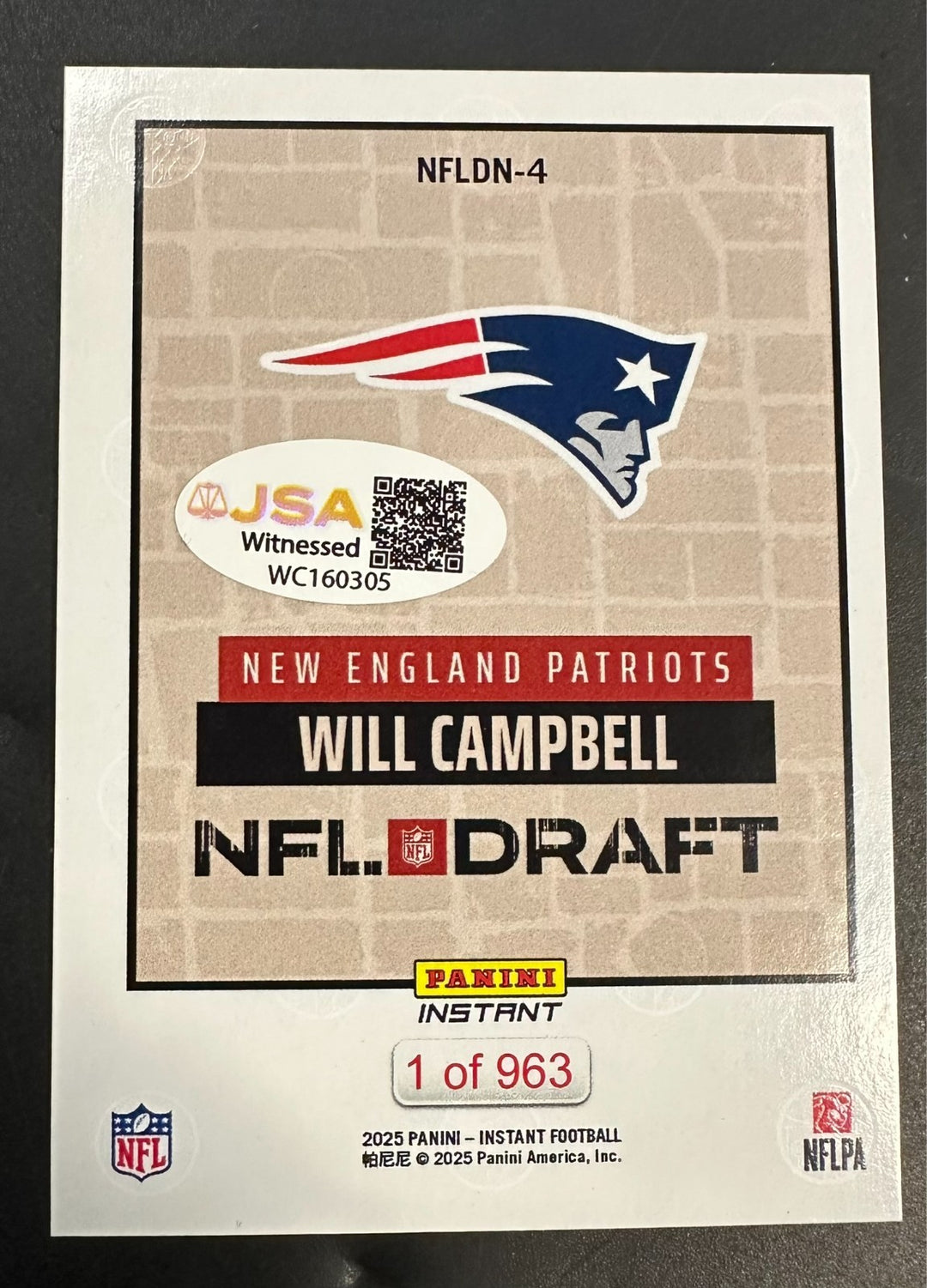 2025 NFL Panini Instant NFL Draft Night Will Campbell Autographed Card JSA