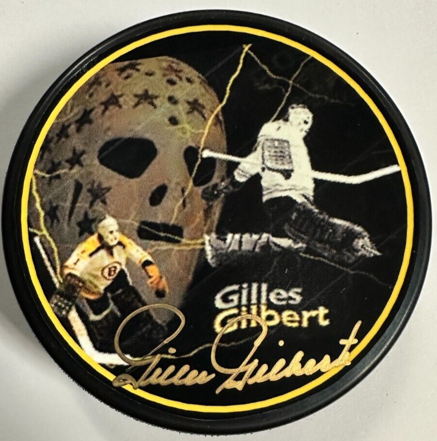 Gilles Gilbert Autographed Boston Bruins Photo Puck NHL