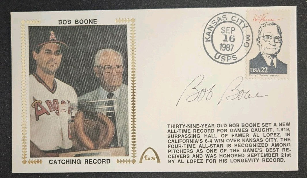 Bob Boone Autographed 1987 Gateway FDC Cachet All Time Games Caught Record