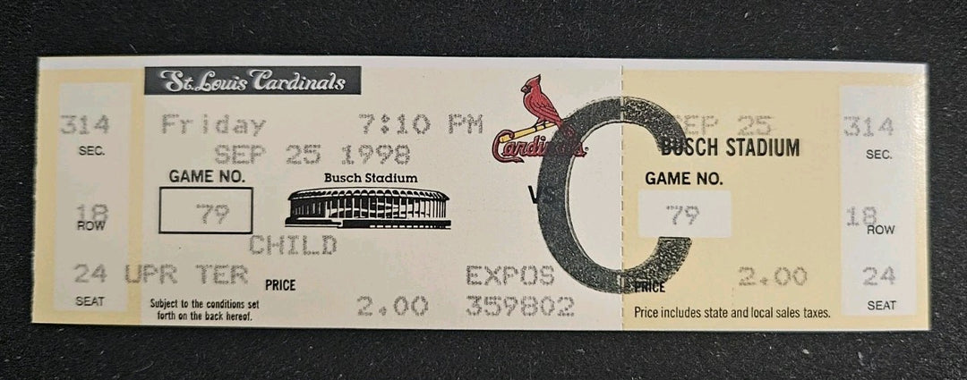 9/25/98 Cardinals vs. Expos Full Ticket Mark McGwire Home Run #66