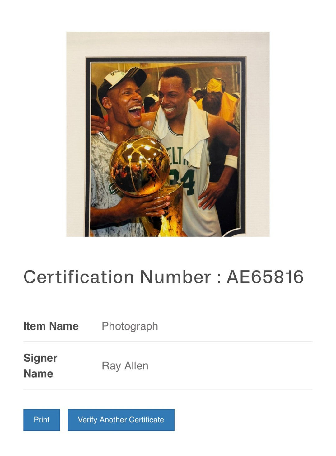 Ray Allen Autographed 8x10 Boston Celtics 2008 NBA Finals Celebration Photo BAS