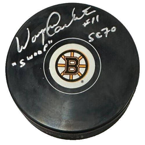 Wayne Carleton Autographed Boston Bruins Hockey Puck W/ Swoop & SC 70 Insc