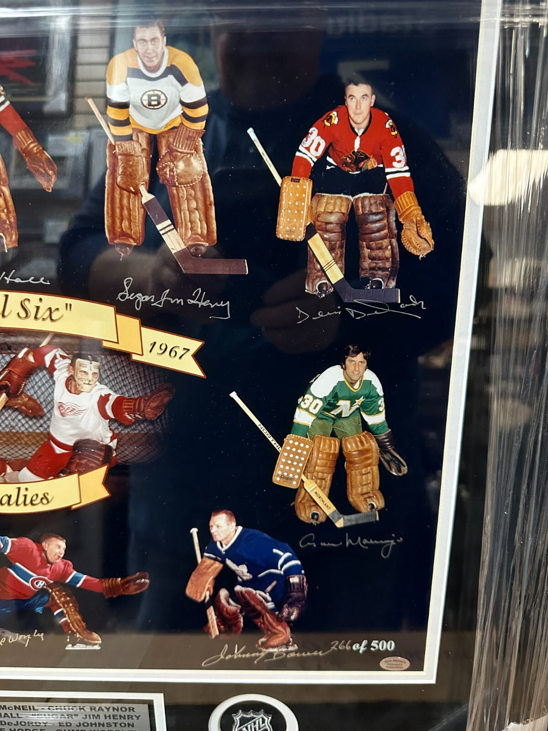 Bower Henry Hodge Worsley Hall McNeil DeJordy Signed Original Six Goalies Photo