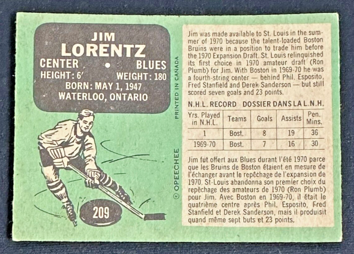 Jim Lorentz Autographed 1970-71 O-PEE-CHEE Rookie Card RC #209 St. Louis Blues