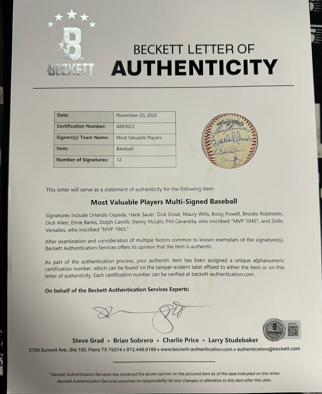 MLB MVP's Autographed ONL Baseball Robinson Banks Cepeda Allen BAS