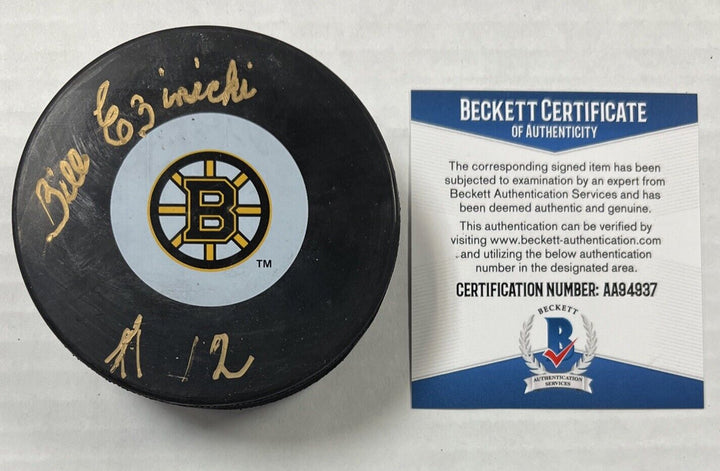 Bill Ezinicki Signed Puck Autographed Boston Bruins Beckett COA