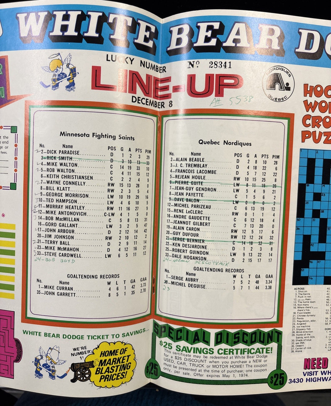 12/8/73 Minnesota Fighting Saints Vs Quebec Nordiques WHA Program