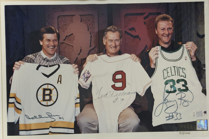 Bobby Orr Ted Williams & Larry Bird The Boys Of Boston Framed Signed 16x20 Photo