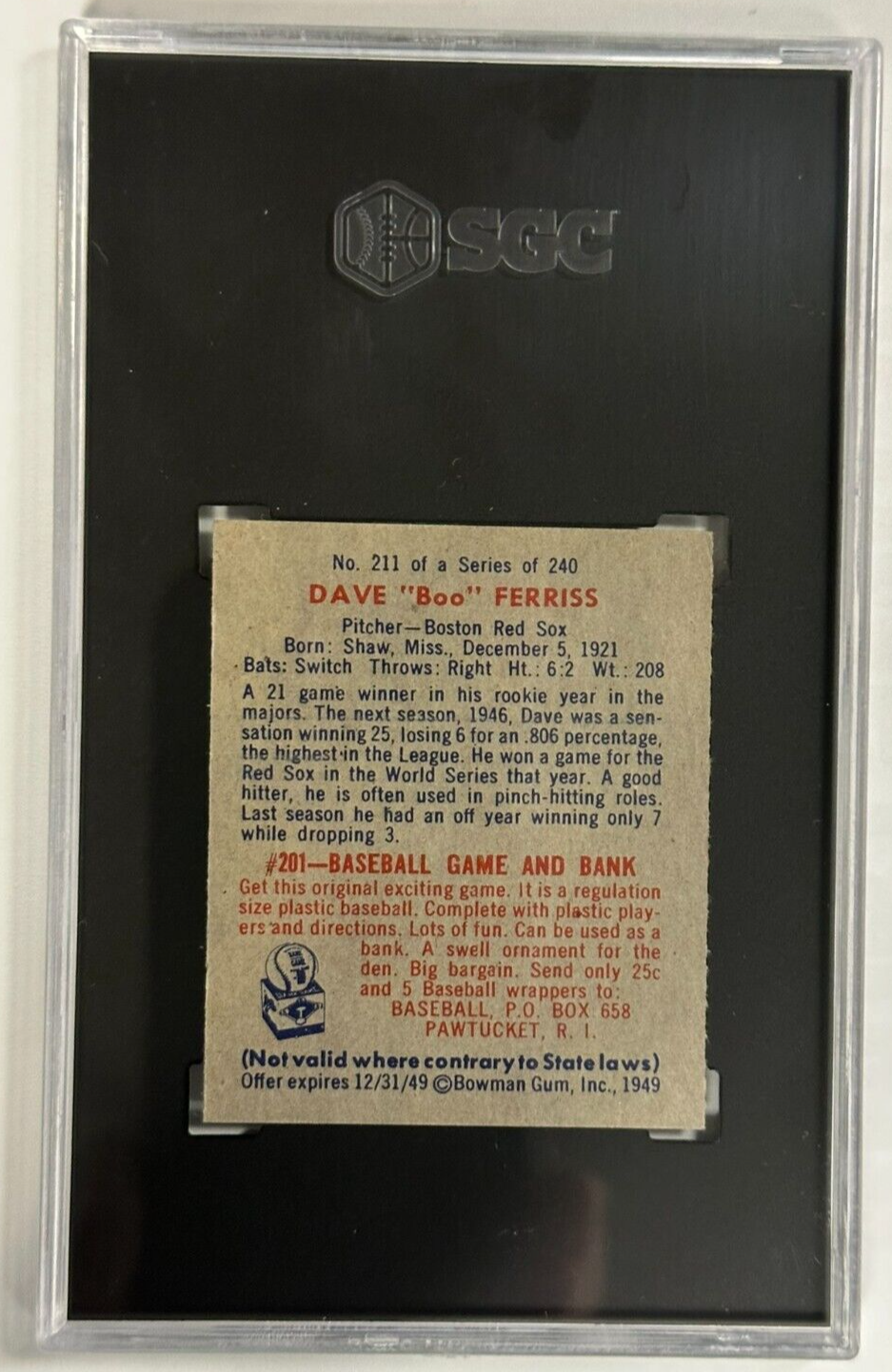 1949 Bowman Dave Boo Ferriss Rookie Card SGC 8 NM-MT #211 Red Sox