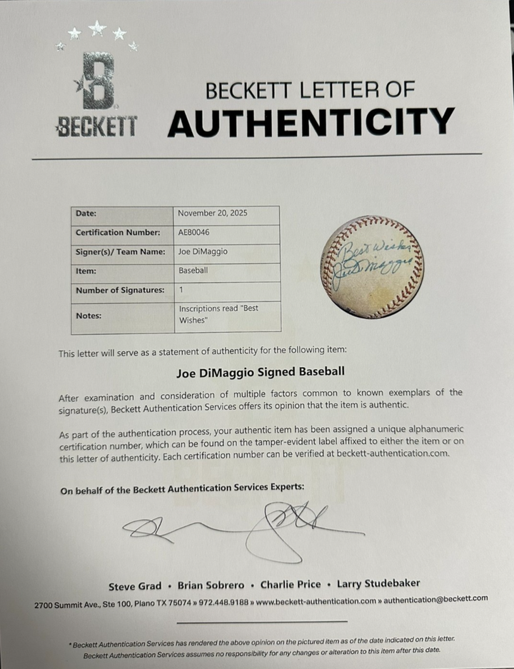 Joe DiMaggio Autographed Official American League Baseball BAS Yankees HOF