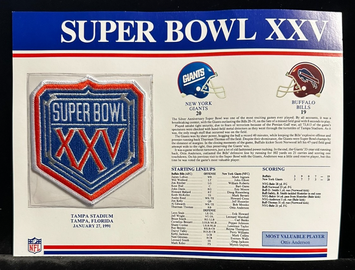 NFL Super Bowl Patch Willabee & Ward Collection SB XXV Giants Vs Bills