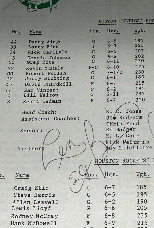 Len Bias Autographed Boston Celtics & Rockets 1986 NBA Finals Game #1 Notes JSA