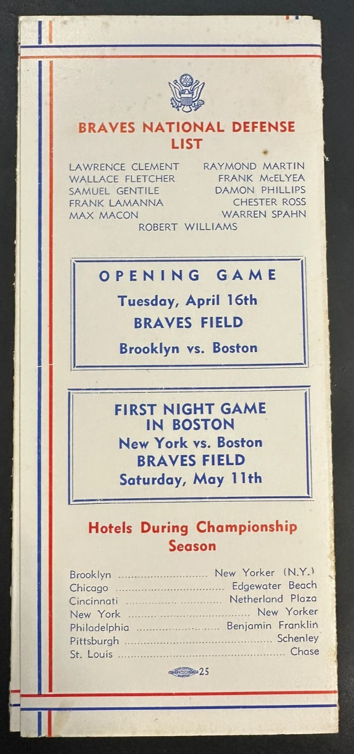 Vintage 1946 Boston Braves Spring Training Roster & Schedule Sain Holmes Hopp