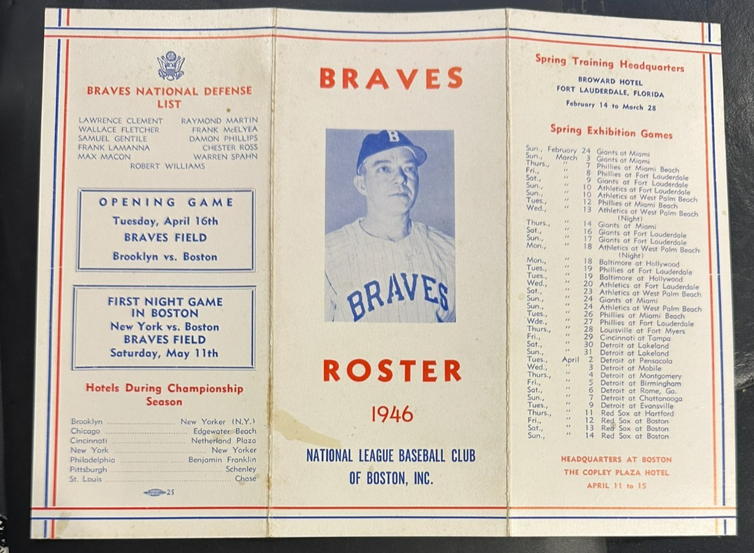 Vintage 1946 Boston Braves Spring Training Roster & Schedule Sain Holmes Hopp