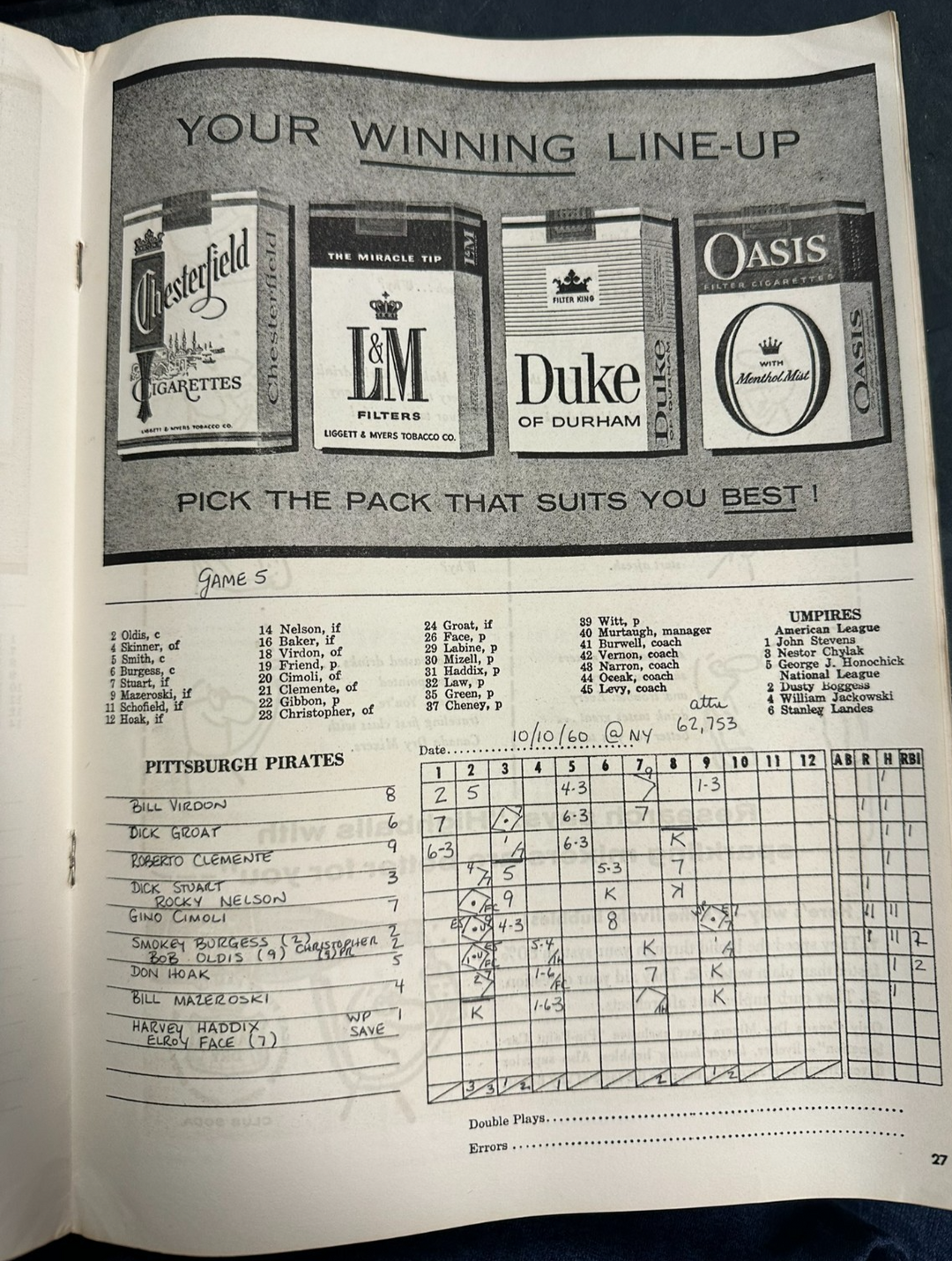 1960 World Series Program New York Yankees & Pittsburgh Pirates Game 5 Scored