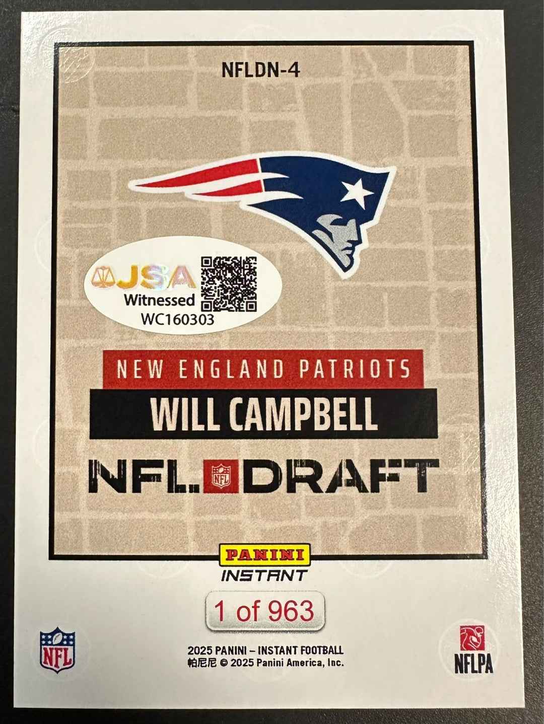 2025 NFL Panini Instant NFL Draft Night Will Campbell Autographed Card JSA