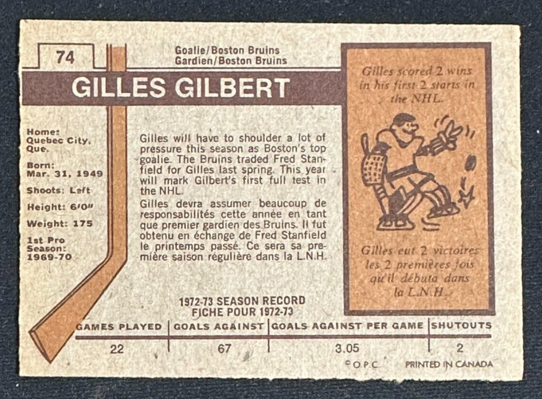 Gilles Gilbert Autographed 1973-74 O-PEE-CHEE Rookie Card RC #74 Boston Bruins