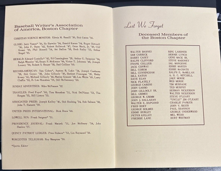 Jan 25, 1962 23rd Annual Baseball Writers Association America Dinner Program