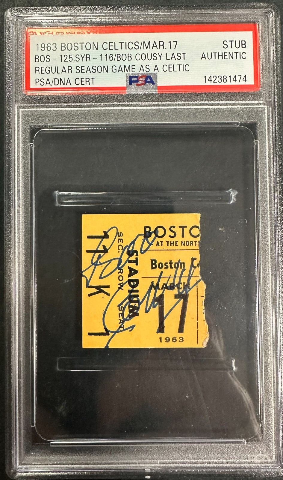 Mar 17, 1963 Bob Cousy Day Signed Celtics Last Regular Season Game Ticket PSA