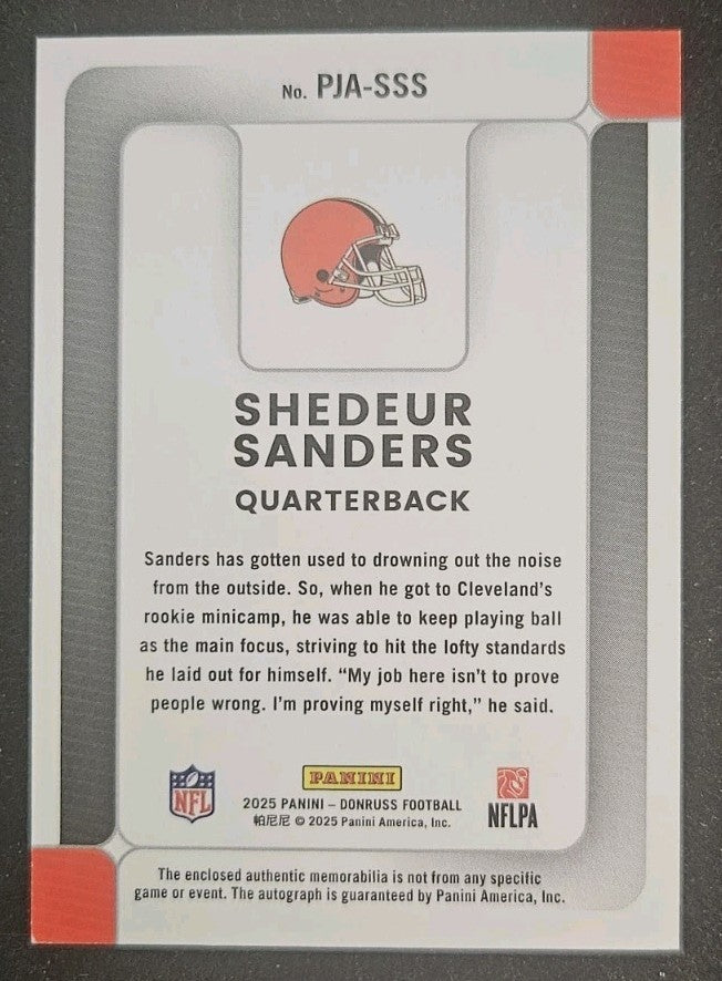 2025 Donruss #PJA-SSS Shedeur Sanders Rookie Phenoms Rookie Patch Auto RPA /99