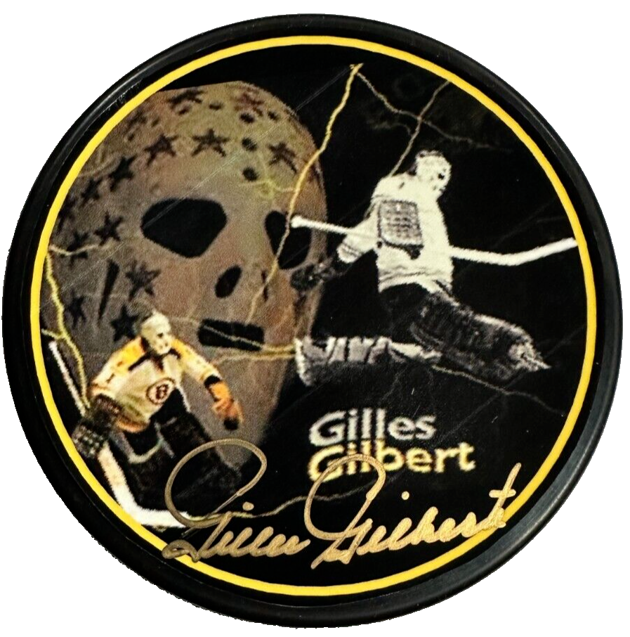 Gilles Gilbert Autographed Boston Bruins Photo Puck NHL