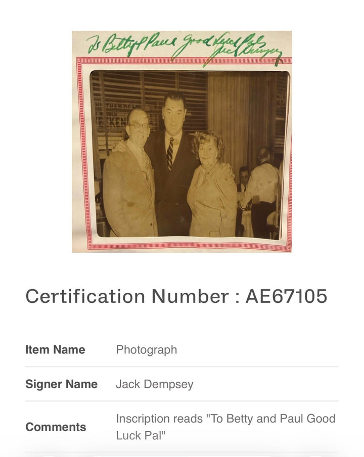 Jack Dempsey Autographed 1954 Broadway Bar & Cocktail Lounge Photo BAS