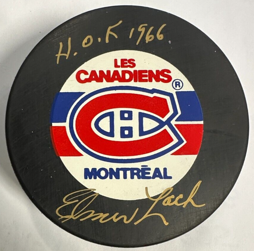 Elmer Lach Autographed Montreal Canadiens Hockey Puck W/ HOF 66