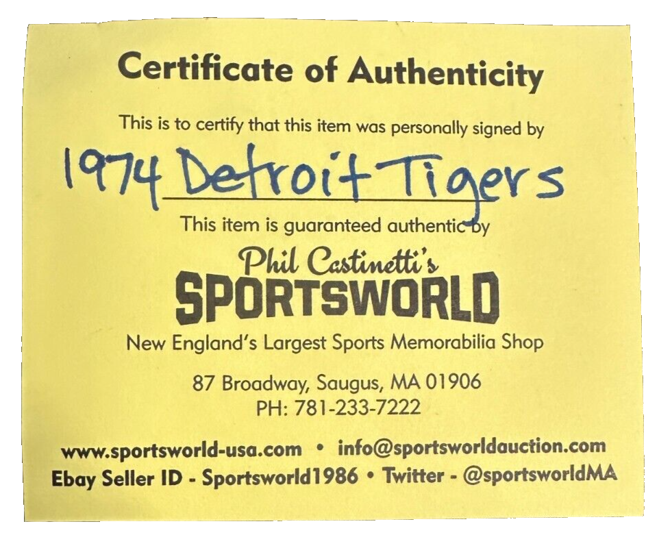 1974 Detroit Tigers Team Autographed Baseball Kaline Brown Lolich