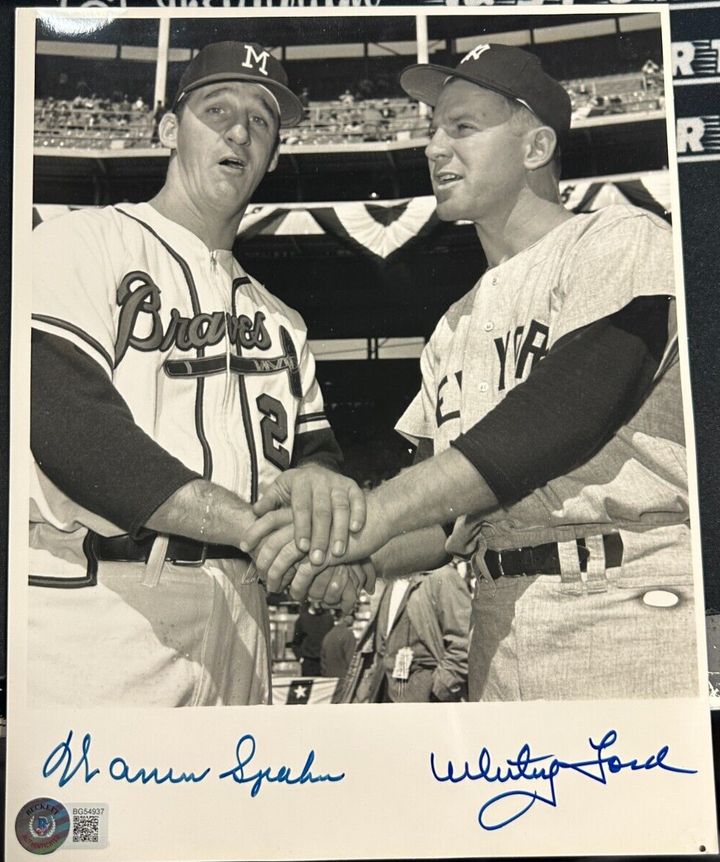 Warren Spahn & Whitey Ford Autographed 8x10 Photo HOF BAS Yankees Braves