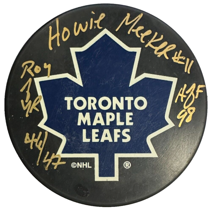 Howie Meeker Autographed Toronto Maple Leafs Puck W/ HOF 98 & ROY 46/47 BAS