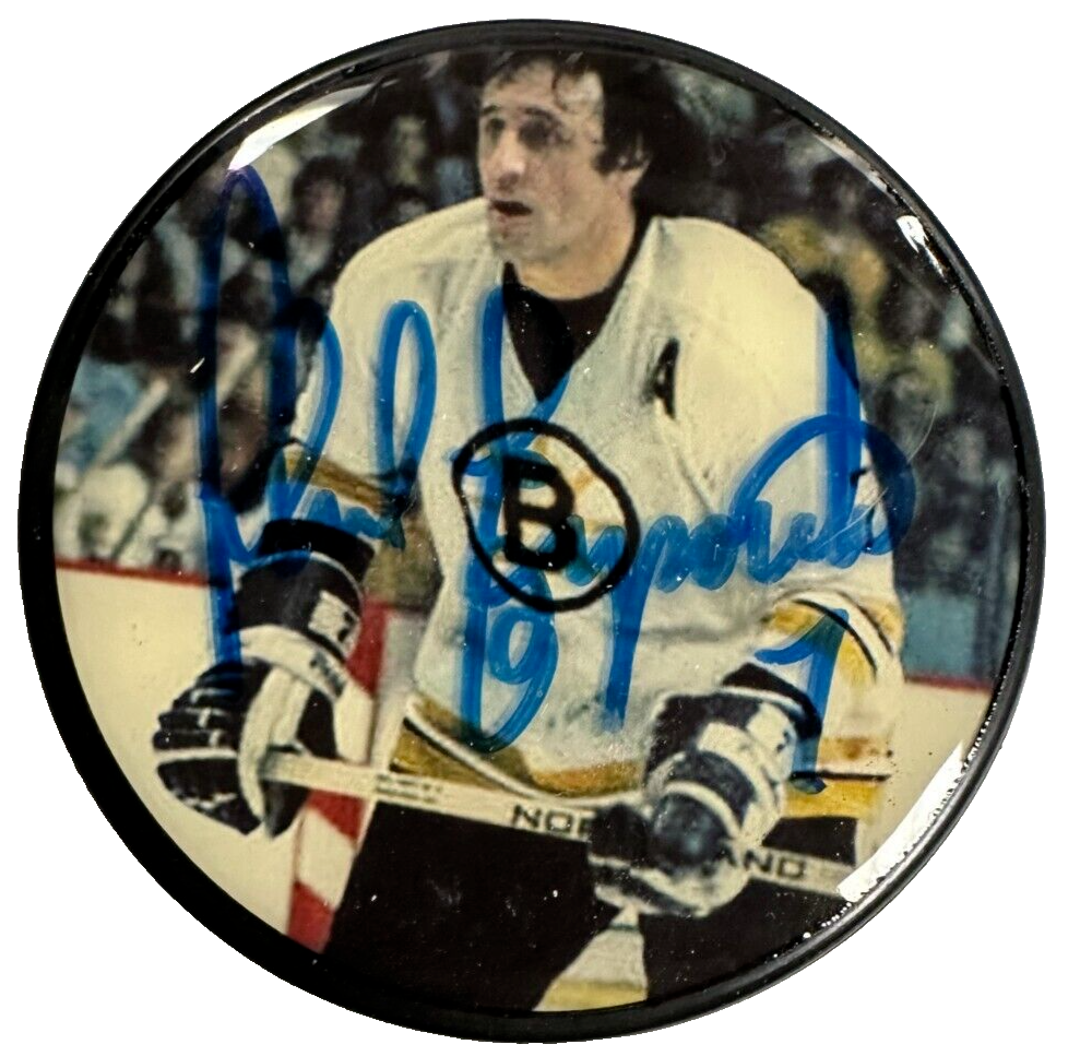 Phil Esposito Autographed Boston Bruins Photo Hockey Puck HOF