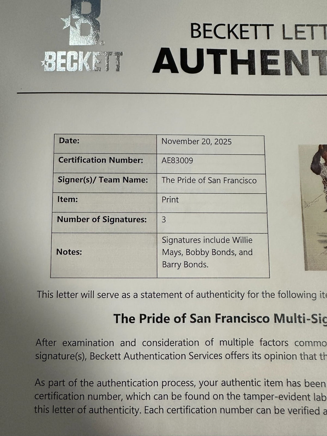 Willie Mays, Bobby & Barry Bonds Signed Pride of San Francisco Print BAS HOF