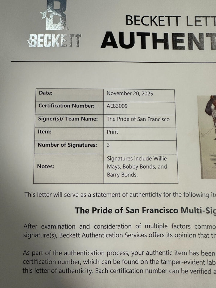 Willie Mays, Bobby & Barry Bonds Signed Pride of San Francisco Print BAS HOF