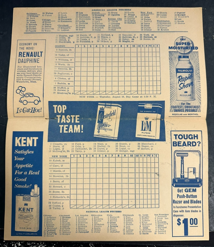 1960 Boston Red Sox Vs the New York Yankees Baseball Program Unscored