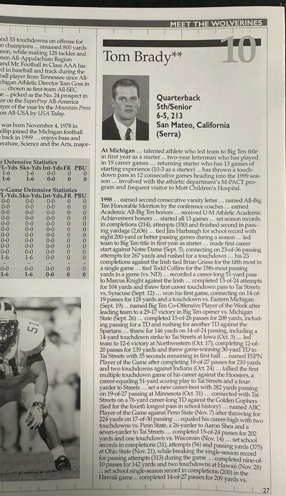 1999 Michigan Football Media Guide Tom Brady Senior Season