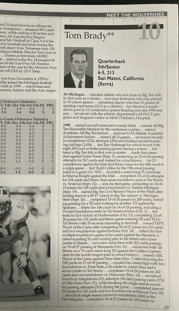 1999 Michigan Football Media Guide Tom Brady Senior Season