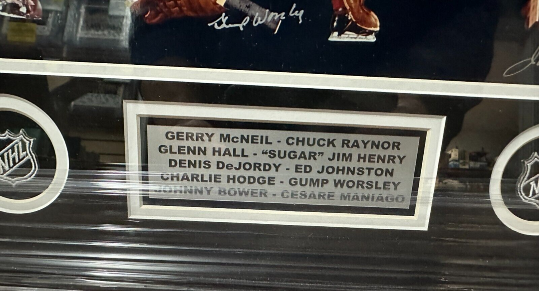 Bower Henry Hodge Worsley Hall McNeil DeJordy Signed Original Six Goalies Photo