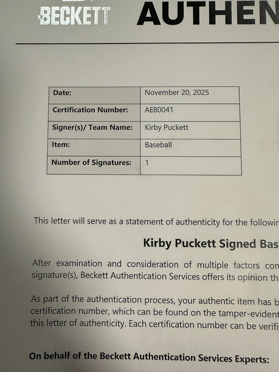 Kirby Puckett Autographed Official American League Baseball BAS Twins HOF