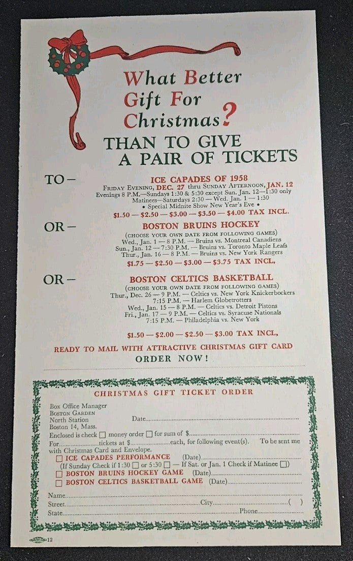 Original 1958 Boston Garden Christmas Gift Insert Boston Bruins Boston Celtics