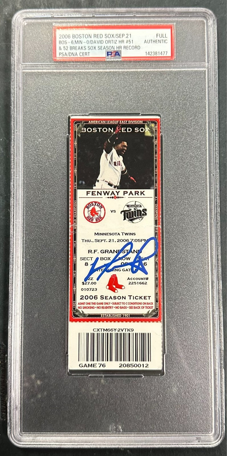 David Ortiz Signed 2006 Red Sox Single Season Home Run Record Full Ticket PSA
