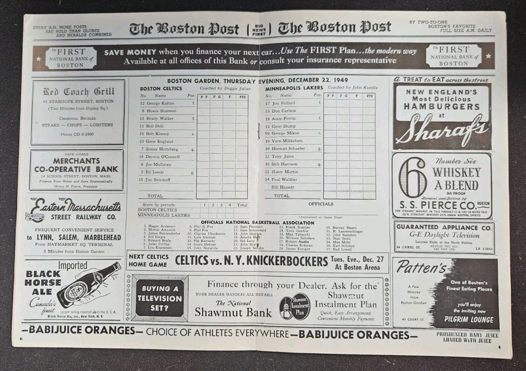 December 22 1949 Boston Celtics vs. Minneapolis Lakers Program George Mikan