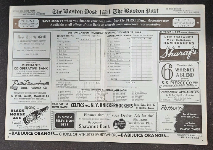 December 22 1949 Boston Celtics vs. Minneapolis Lakers Program George Mikan