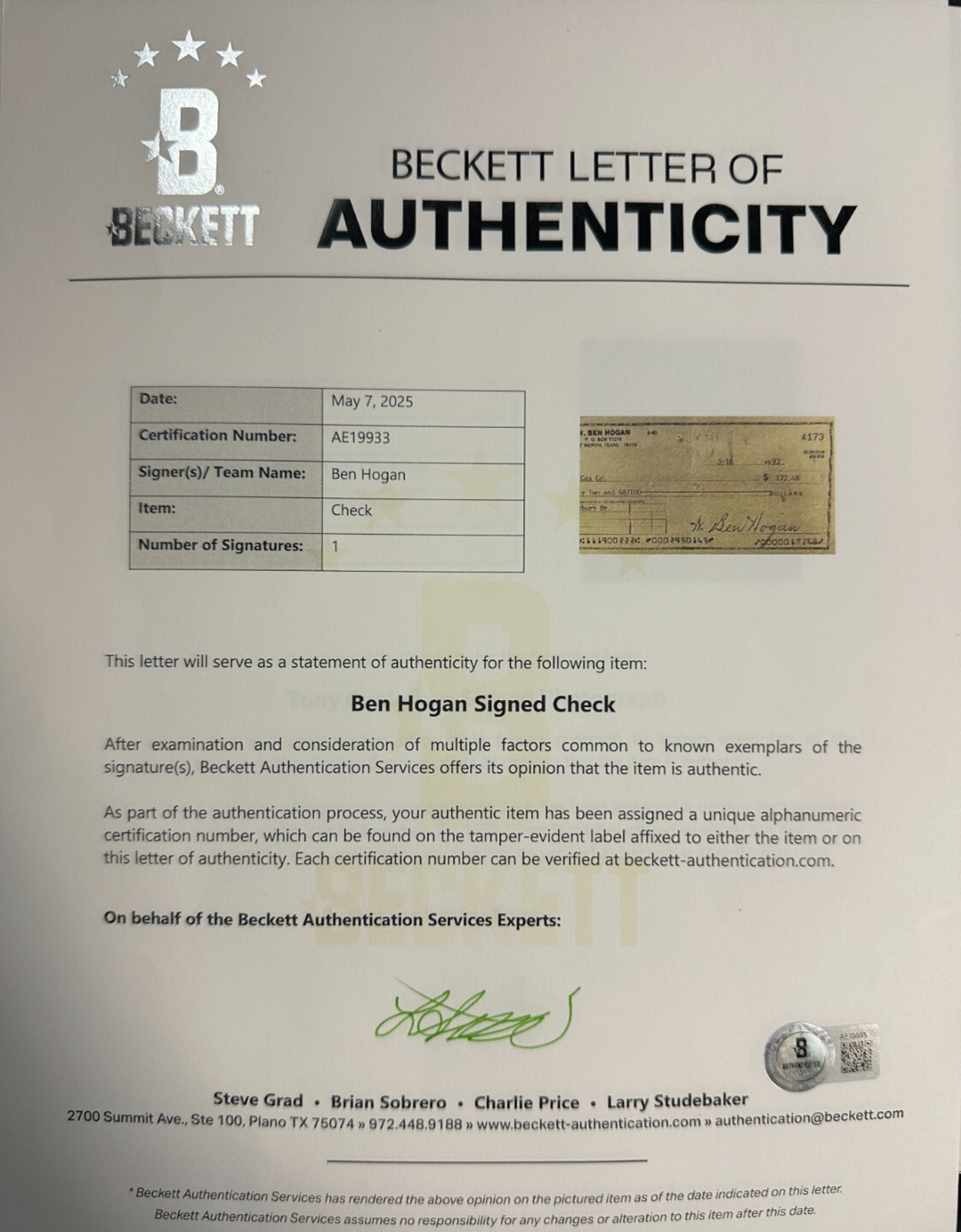 Ben Hogan Autographed Check & Framed 16x20 Photo PSA HOF BAS