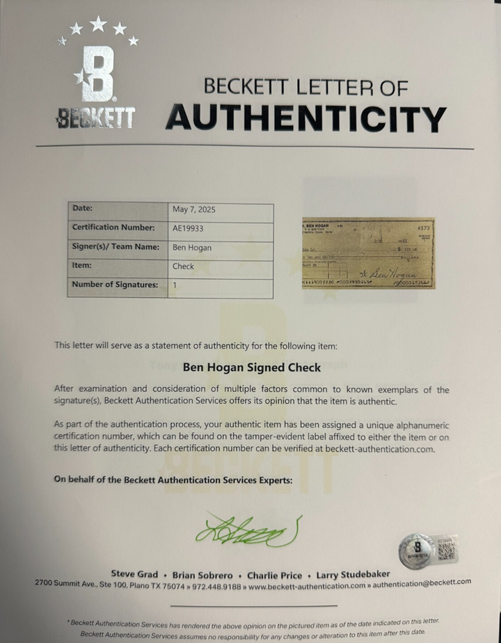 Ben Hogan Autographed Check & Framed 16x20 Photo PSA HOF BAS