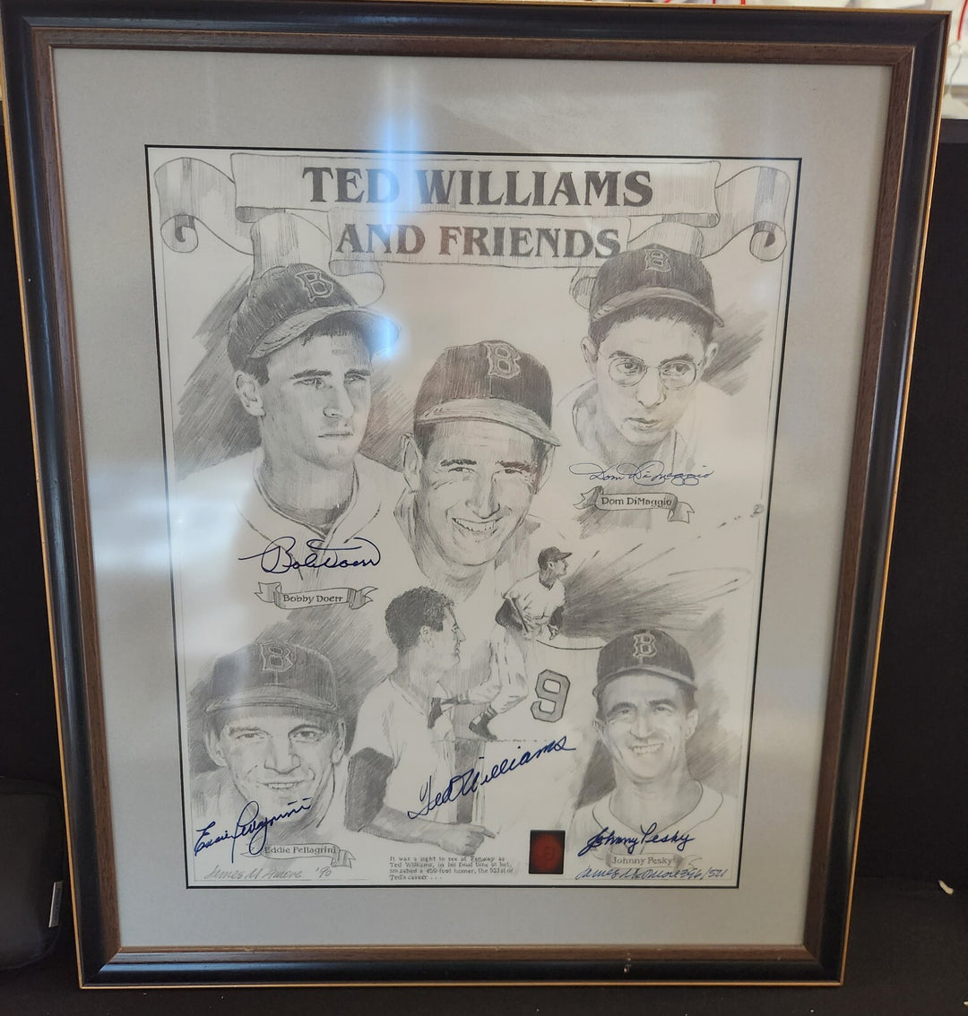 Ted Williams DiMaggio Pesky Pellegrini Doerr Signed Amore Sketch /521 GD COA