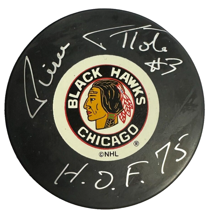 Pierre Pilote Autographed Chicago Blackhawks Hockey Puck W/ HOF 75 BAS