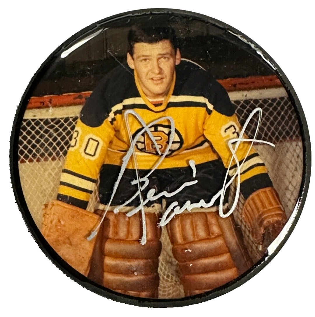 Bernie Parent Autographed Boston Bruins Photo Puck HOF BAS