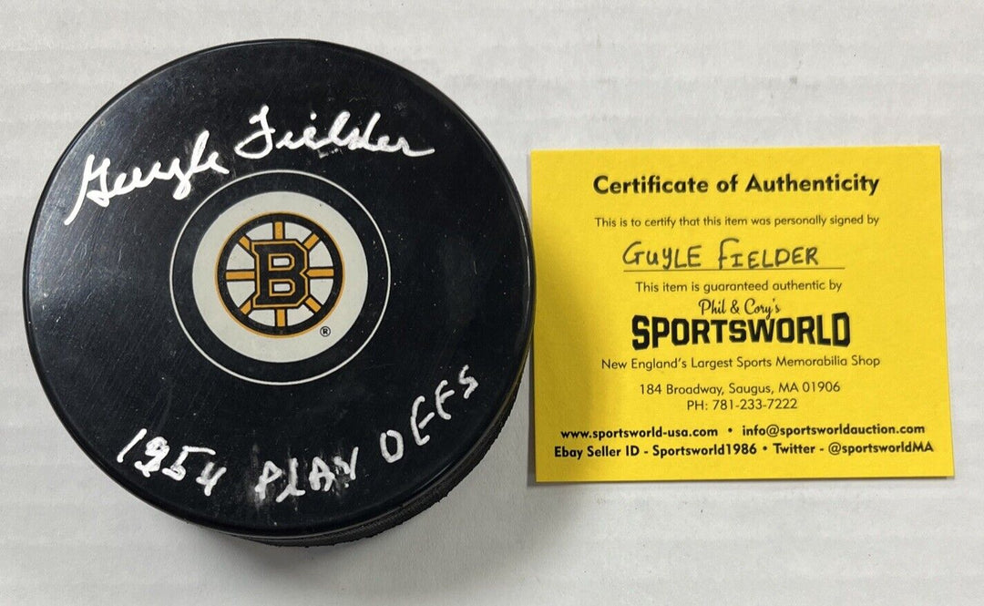 Guyle Fielder 1954 Playoff Inscribed Signed Puck Autographed Boston Bruins